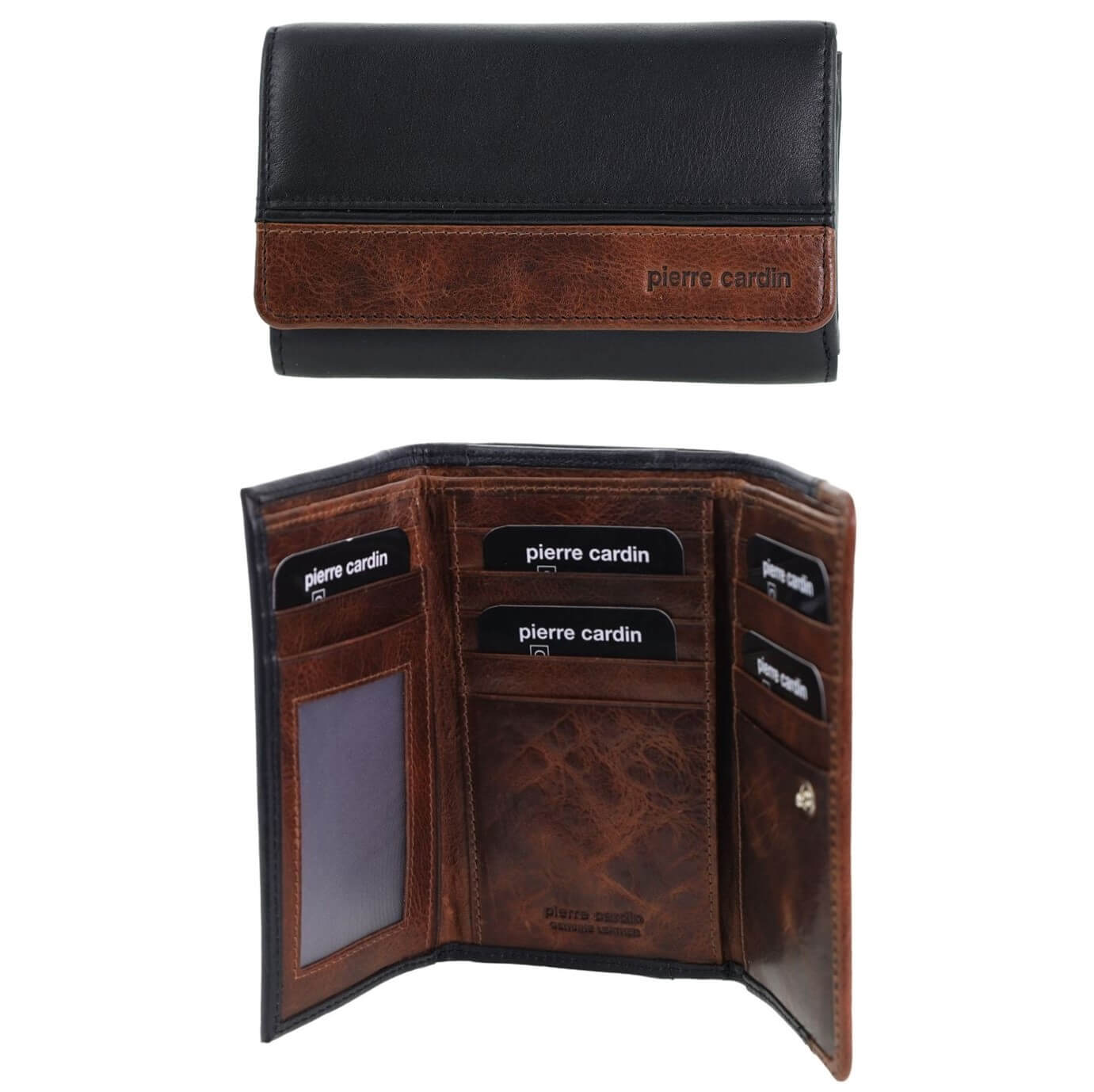 Pierre Cardin Ladies Leather Tri-fold Wallet in Black/Cognac