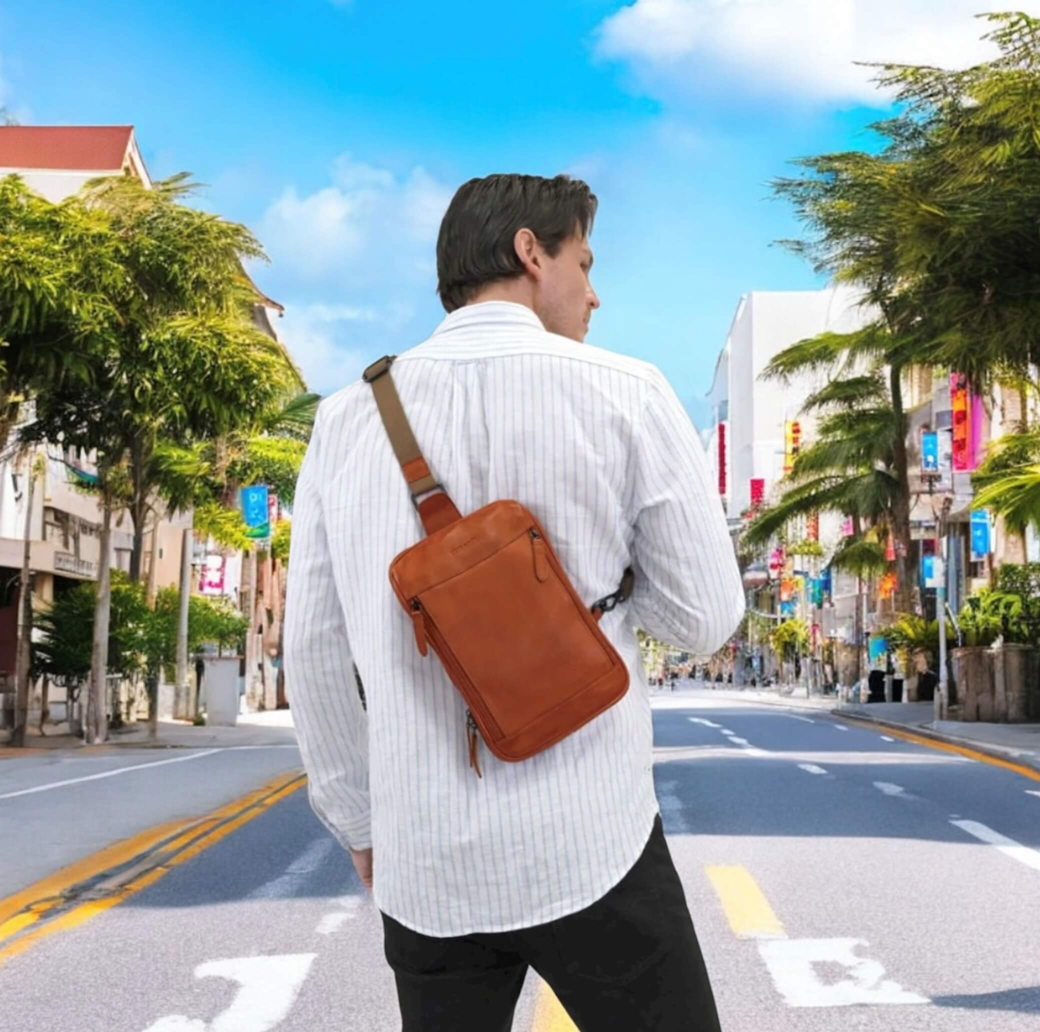 Pierre Cardin Men’s Leather Crossbody-Sling Bag in Cognac