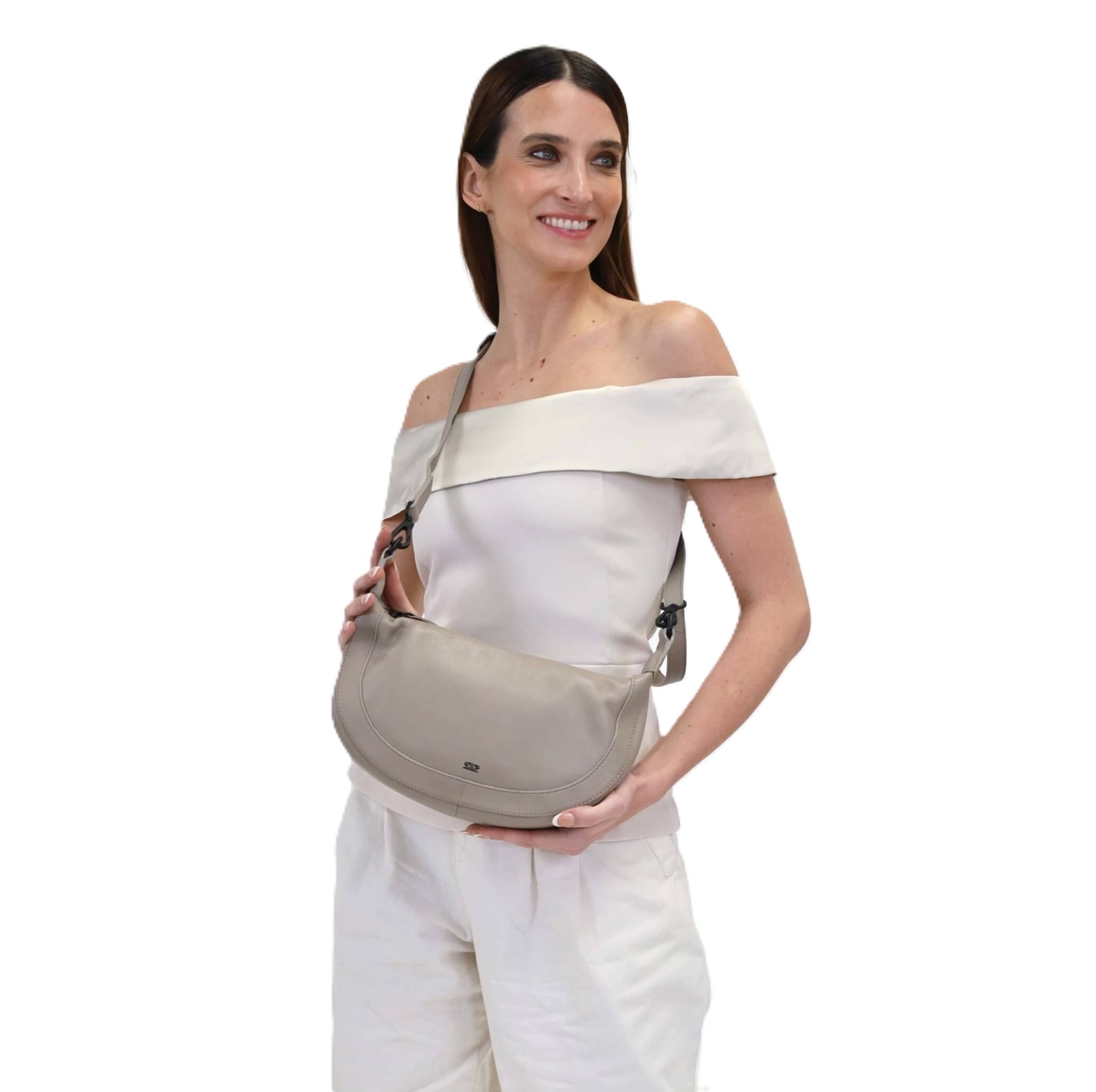 Pierre Cardin Ladies Leather Crescent Crossbody Bag in Taupe