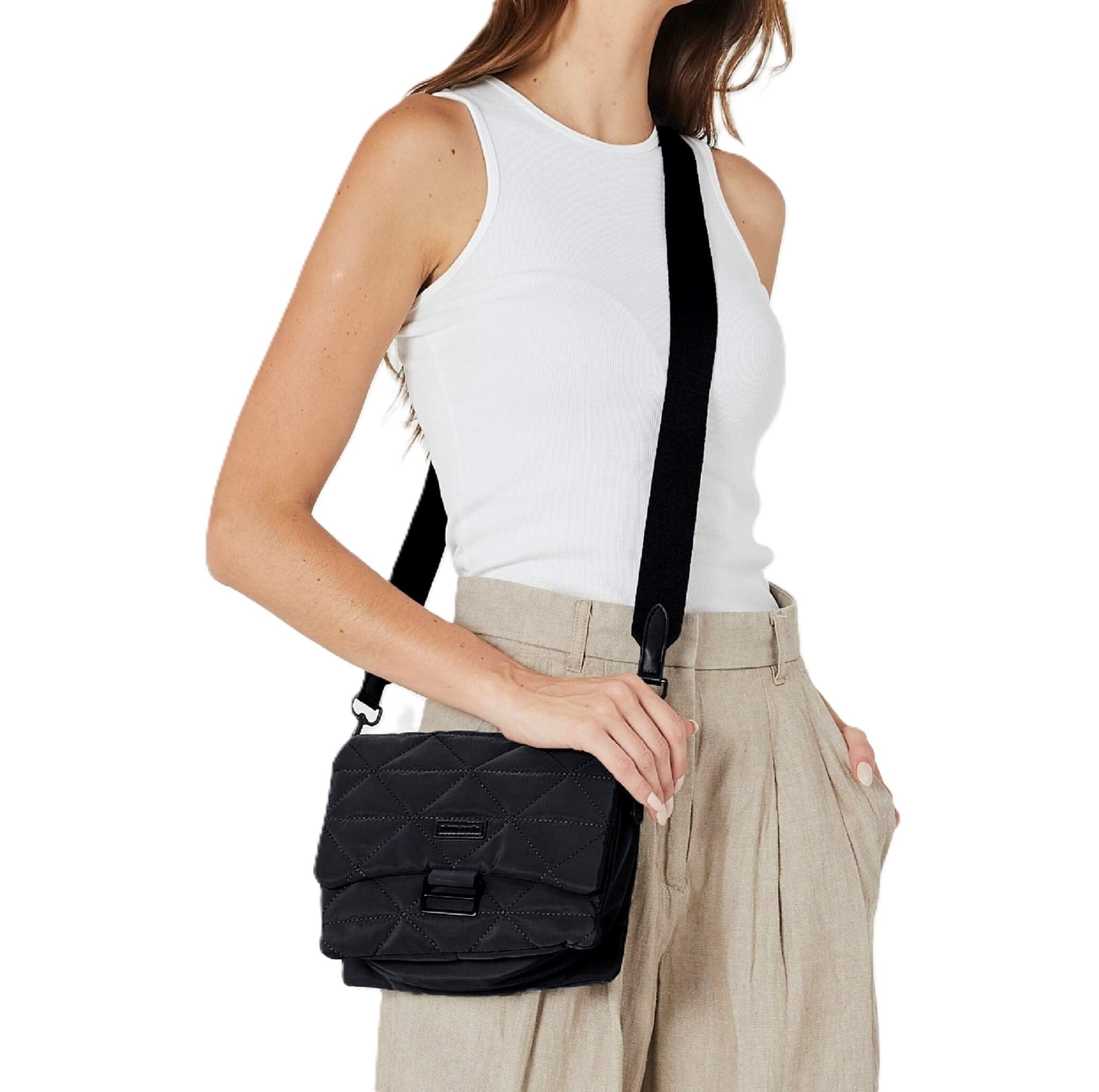 Pierre Cardin Ladies Nylon Quilted Crossbody Bag in Black