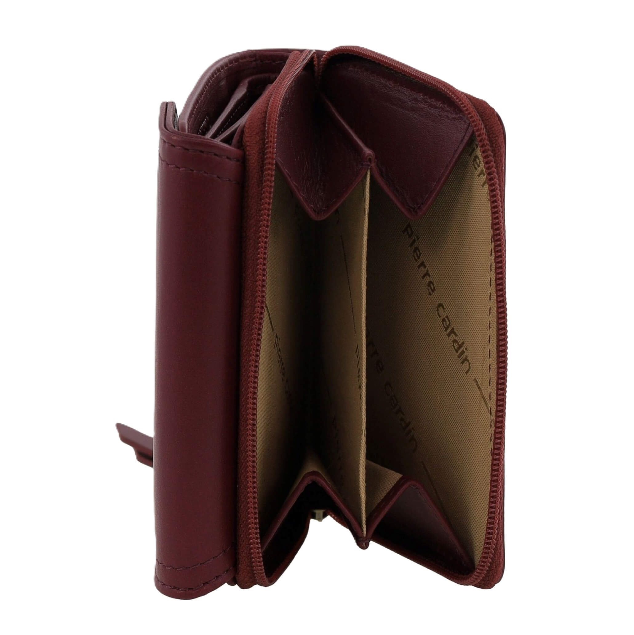 Pierre Cardin Ladies Tri-fold Tab Leather Wallet in Wine