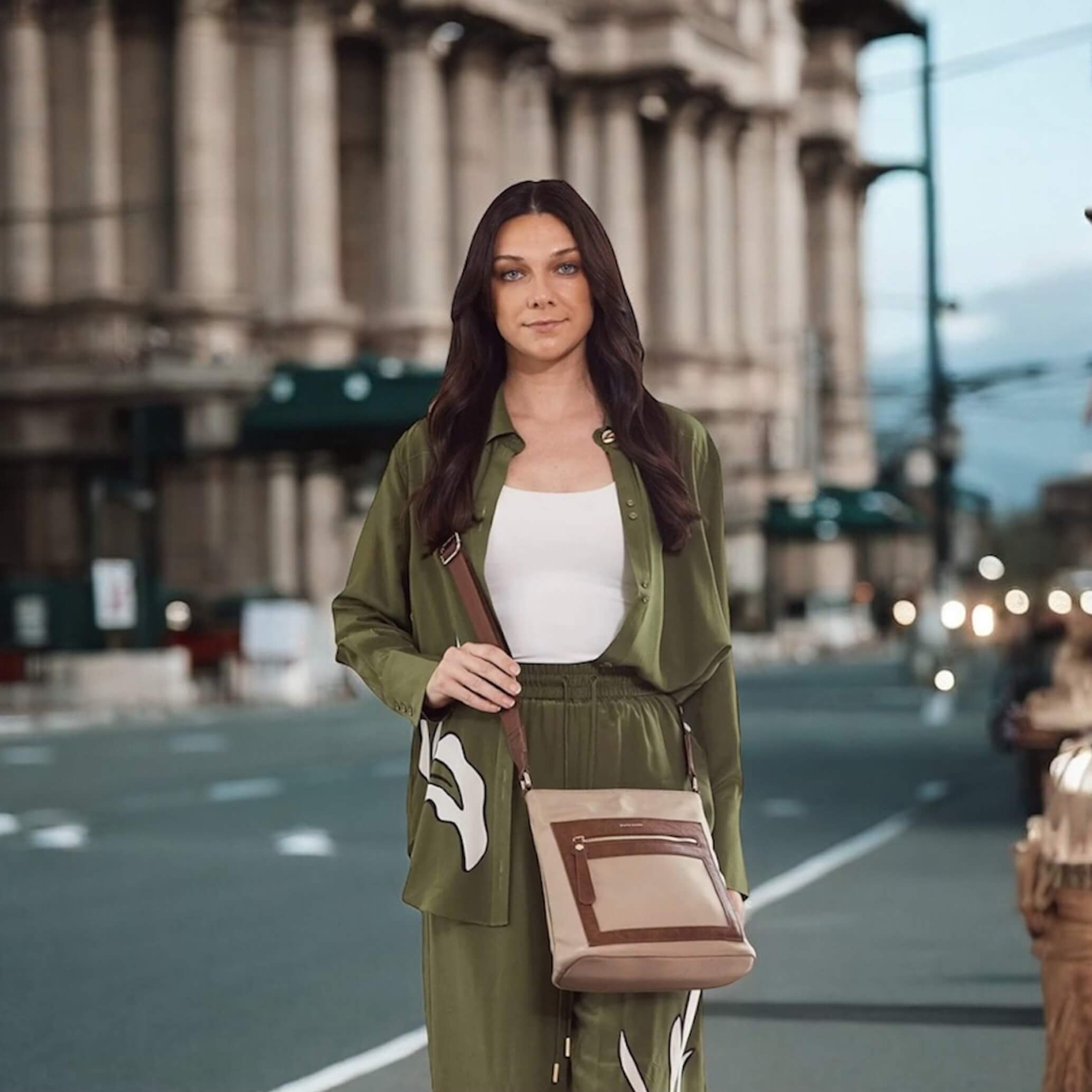 Pierre Cardin RFID Nylon Crossbody Bag In Camel