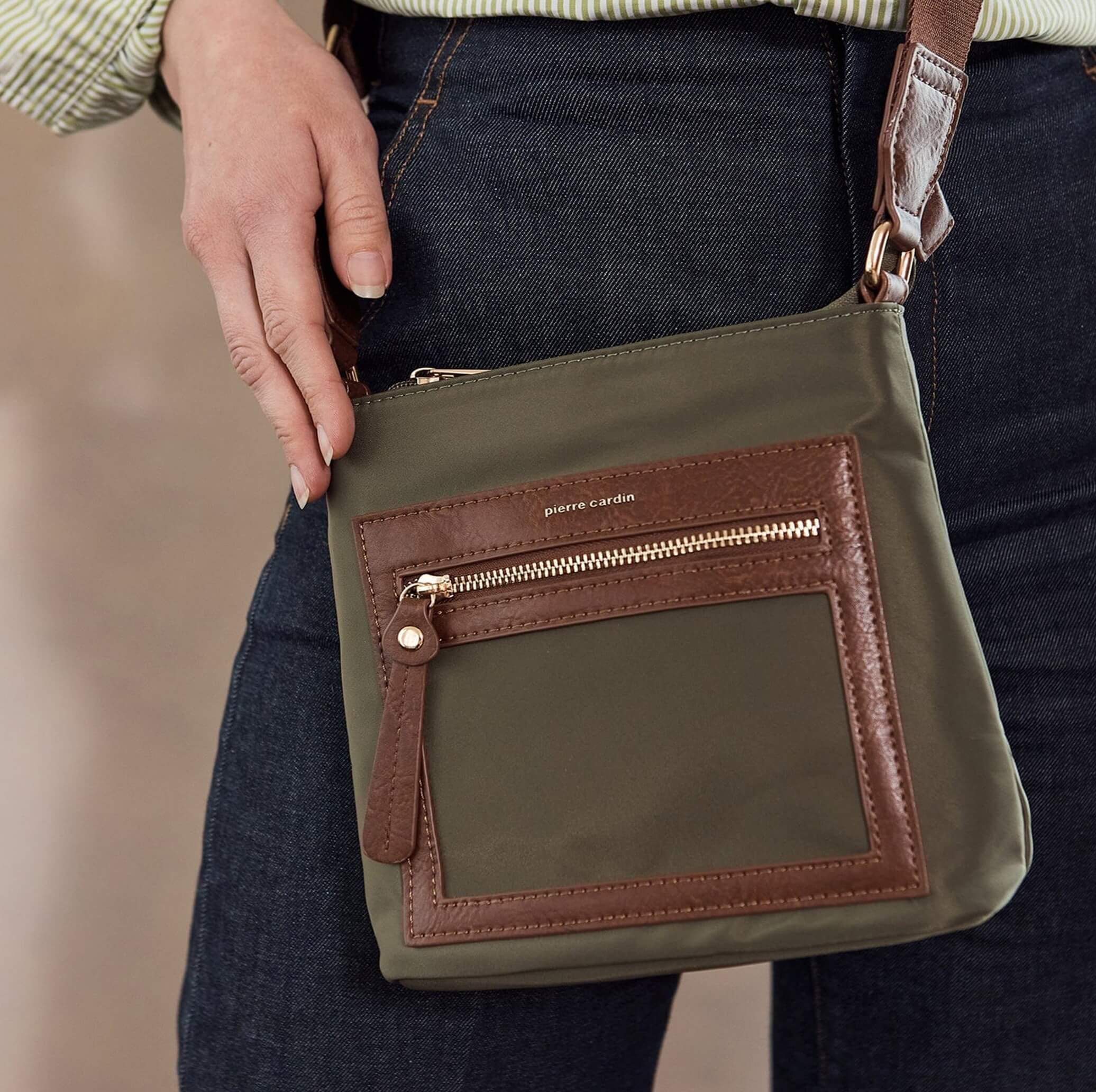 Pierre Cardin RFID Nylon Lightweight Crossbody Bag In Olive