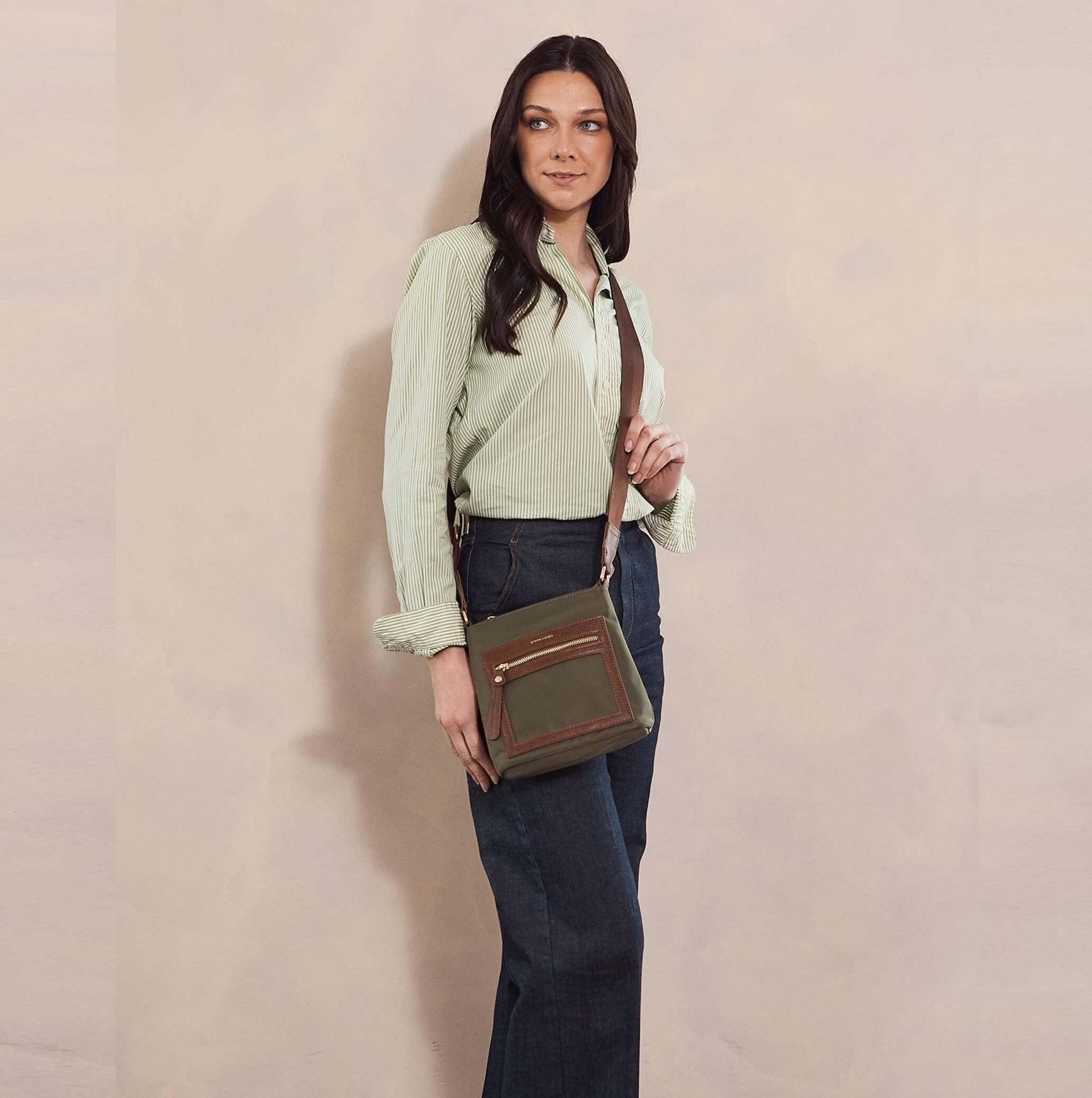 Pierre Cardin RFID Nylon Lightweight Crossbody Bag In Olive