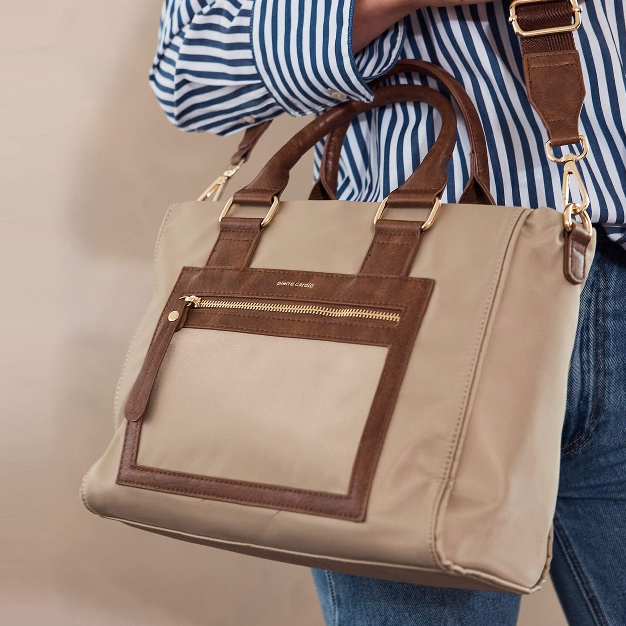 Pierre Cardin Nylon RFID Lightweight Mini Tote/Crossbody Bag In Camel