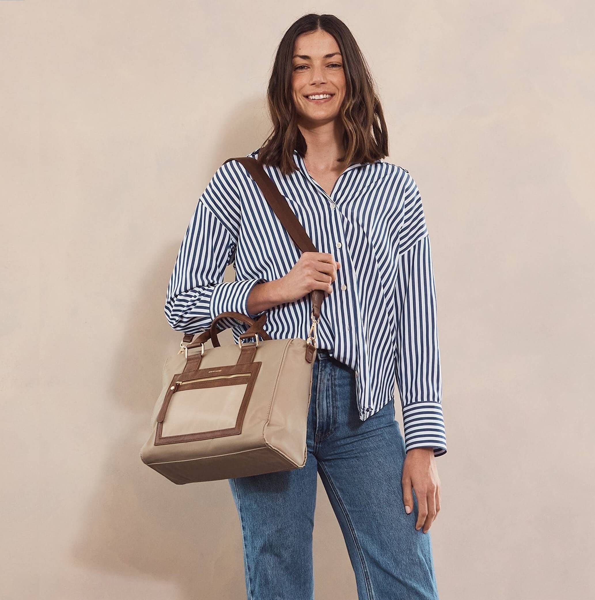 Pierre Cardin Nylon RFID Lightweight Mini Tote/Crossbody Bag In Camel