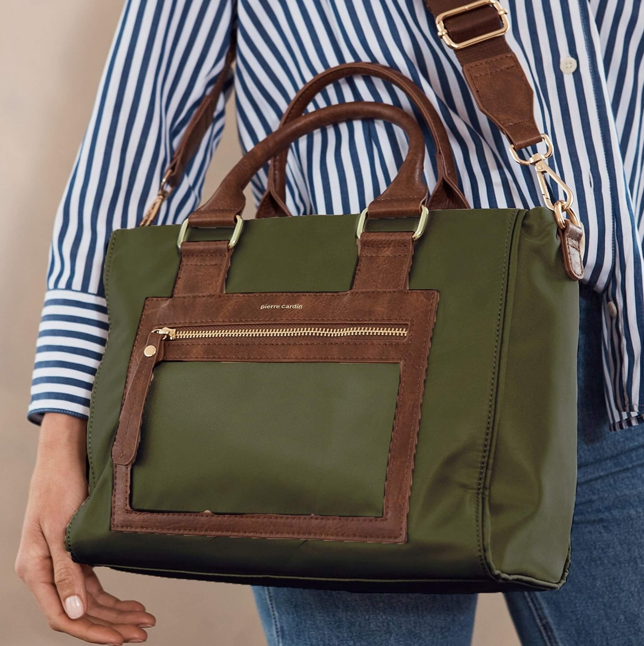 Pierre Cardin Nylon RFID Lightweight Tote/Crossbody Bag In Olive