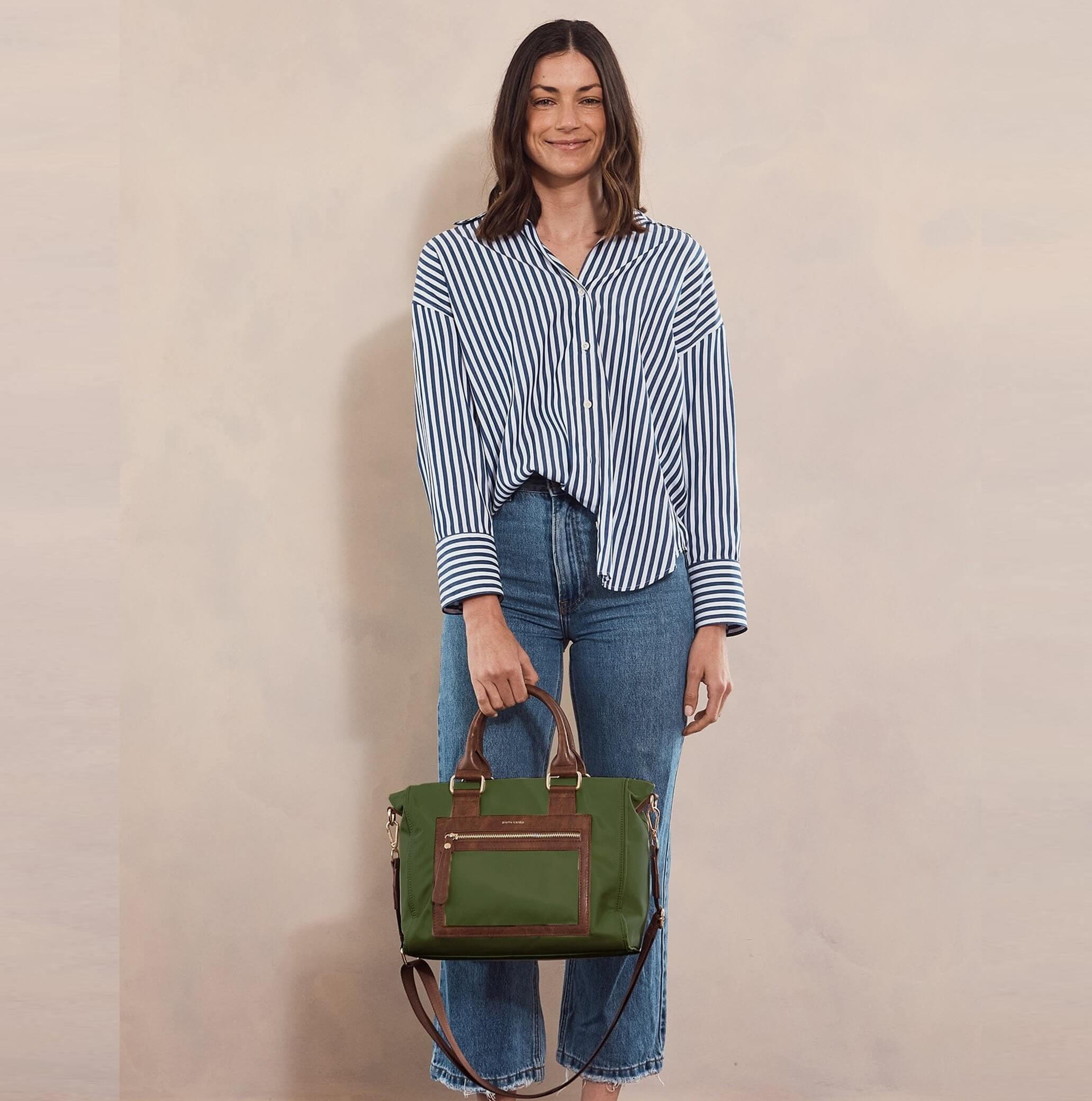 Pierre Cardin Nylon RFID Lightweight Tote/Crossbody Bag In Olive