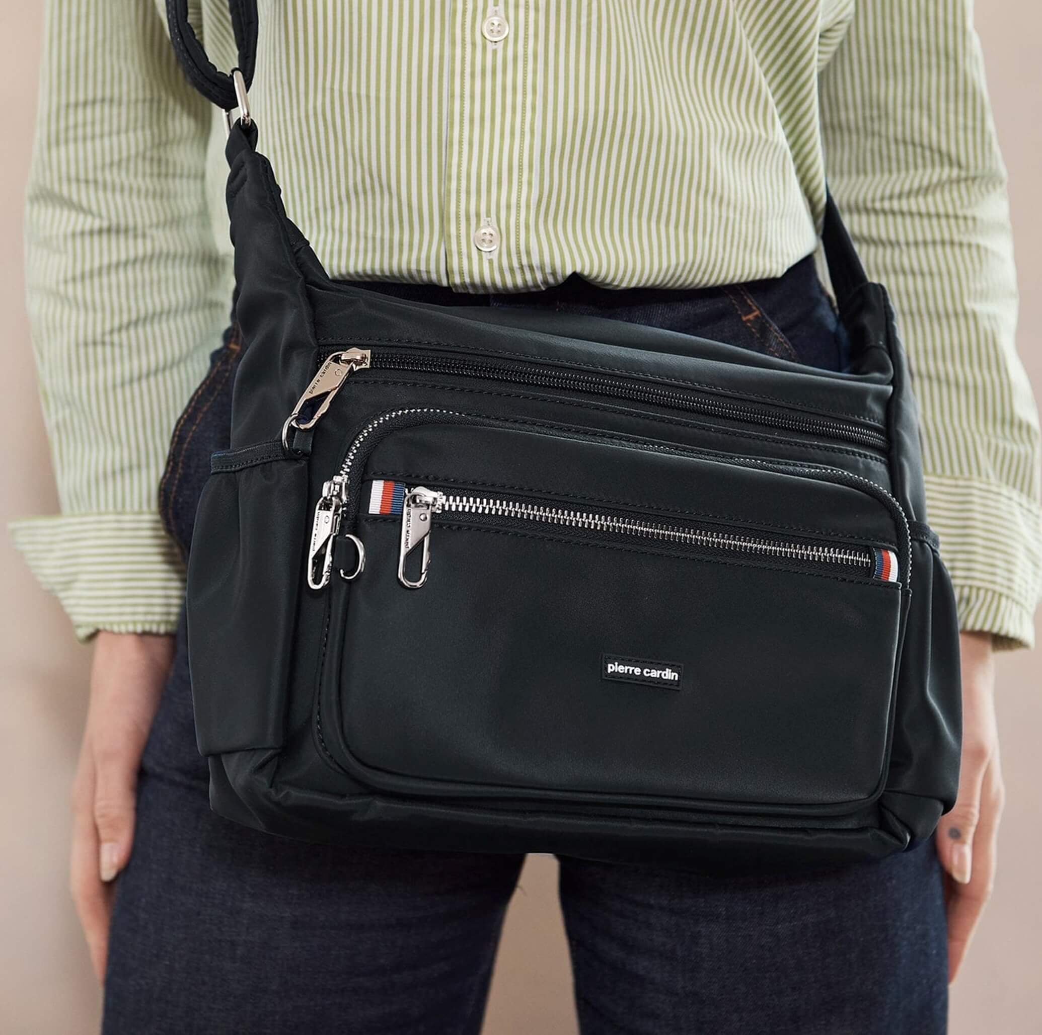 Pierre Cardin RFID Anti-Theft Nylon Crossbody Bag In Black