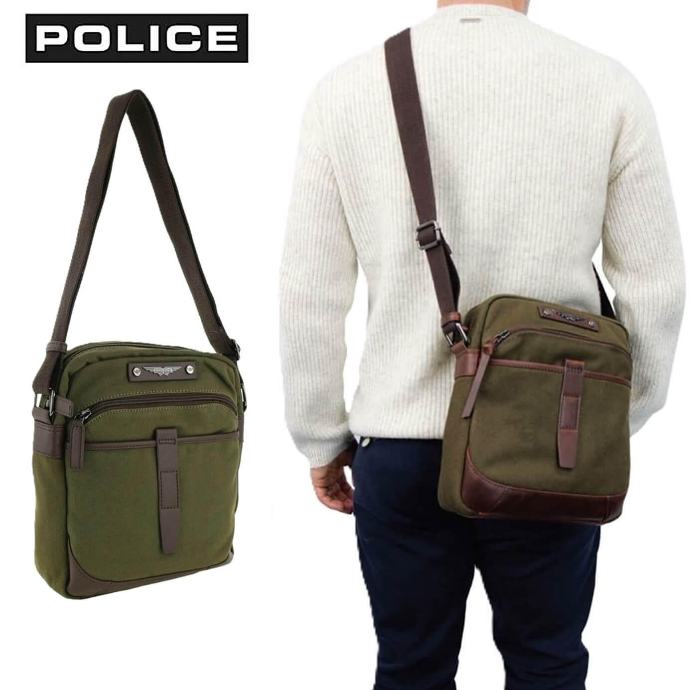 Police Rustic Canvas Men's Crossbody Bag in Dark Olive